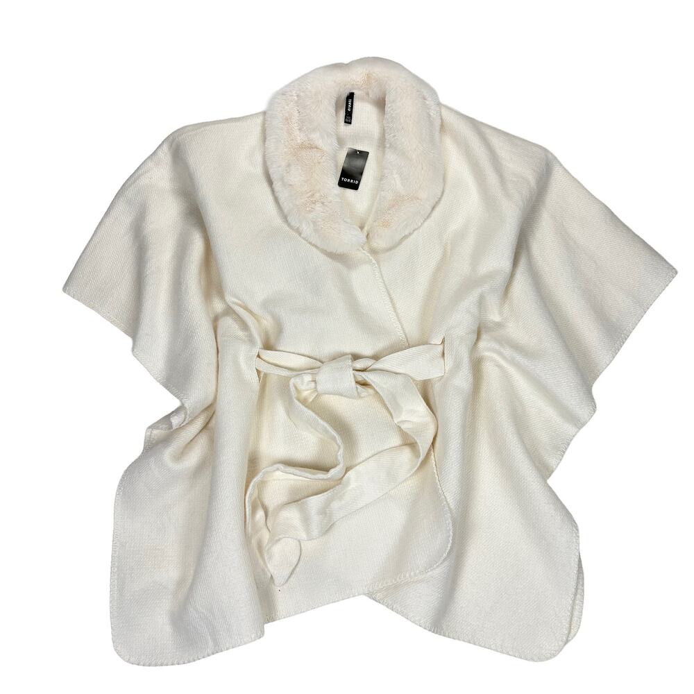 Torrid Fur Trim Belted Ruana NWT Women O/S Ivory Off White Cozy Glam Cape Wrap